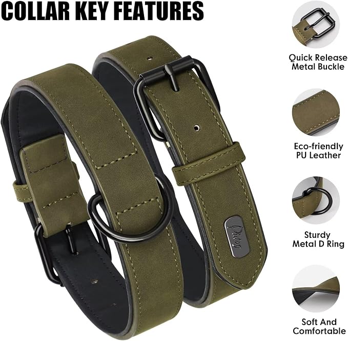 Didog Soft Padded PU Leather Dog Collar, Breathable and Adjustable Dog Collar for Large Dogs, Comfortable for Daily Walk, Dark Green, XL Fit Neck 18-22"(45-71 lbs)