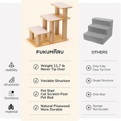 FUKUMARU Dog Stairs, Solid Wood Pet Stairs with Cat Scratching Post, Transformable Cat Ramp Can Hold Up to 200 lbs, 20 Inch Pet Steps for Dogs and Cats to Climb High Bed and Couch, Over 6 Combinations