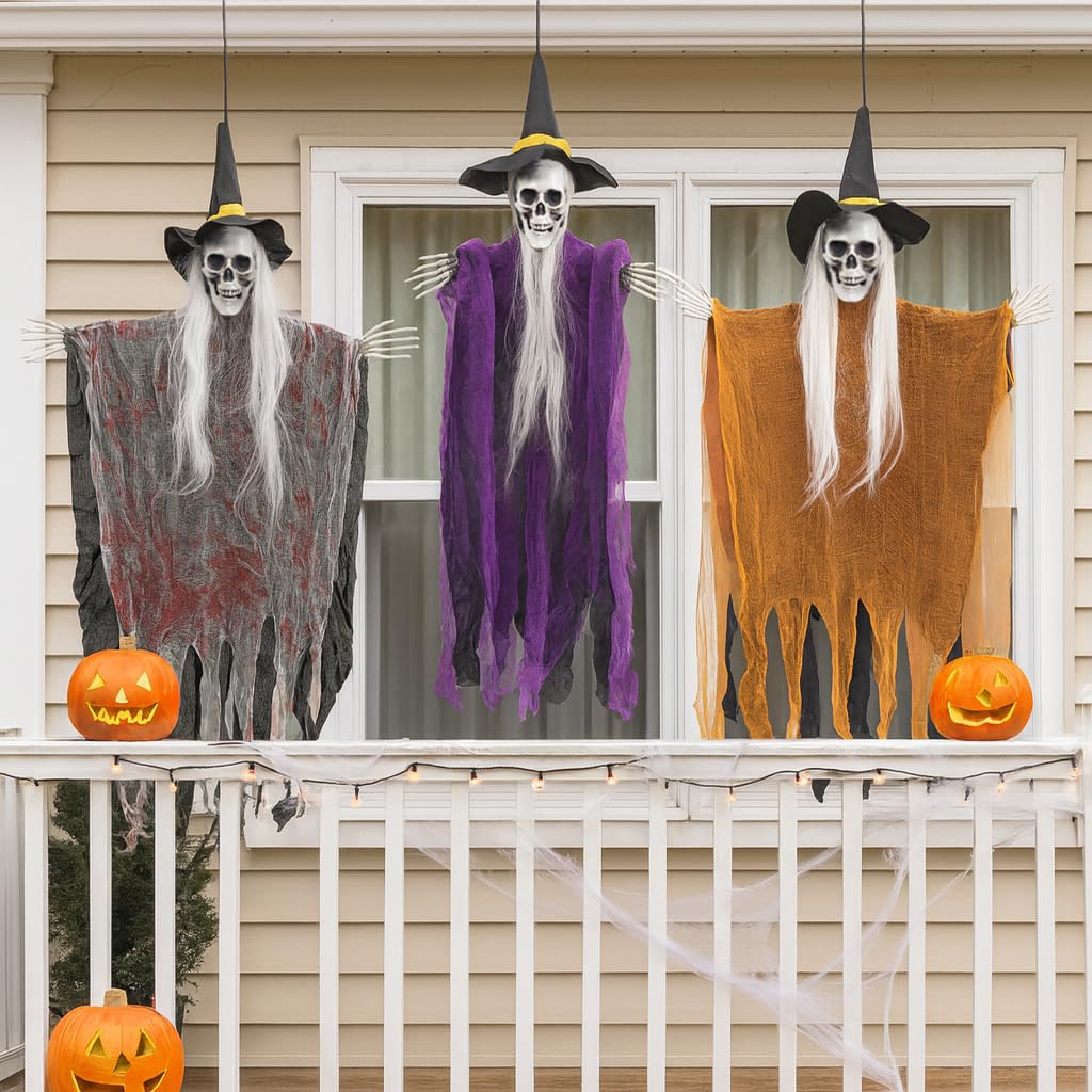 3 PCS Halloween Hanging Skeleton Decorations,35" Scary Halloween Skull Skeletons Outdoor for Yard,Haunted House,Home or Ceiling Ghost Hanging Decor