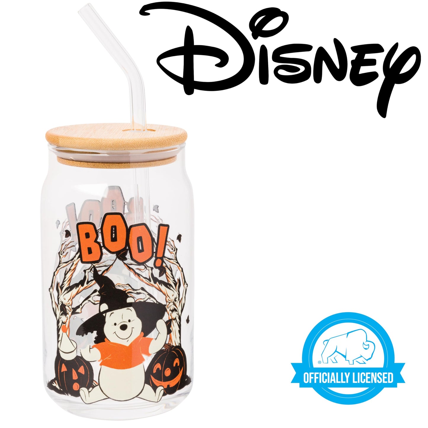Silver Buffalo Disney Winnie the Pooh Halloween Spooky Boo Witch Hat Jack-o-Lantern Glass Jar Tumbler with Bamboo Lid and Glass Straw, 16 Ounces