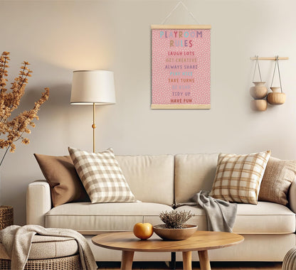 Playroom Kids Tollder Room Wall Decor, Play Room Rules Wall Decor for Kids Play Game Room Bedroom Nursery Home School Playroom Essentials, Canvas Hanging Banner Wood Poster Frameds(pink)