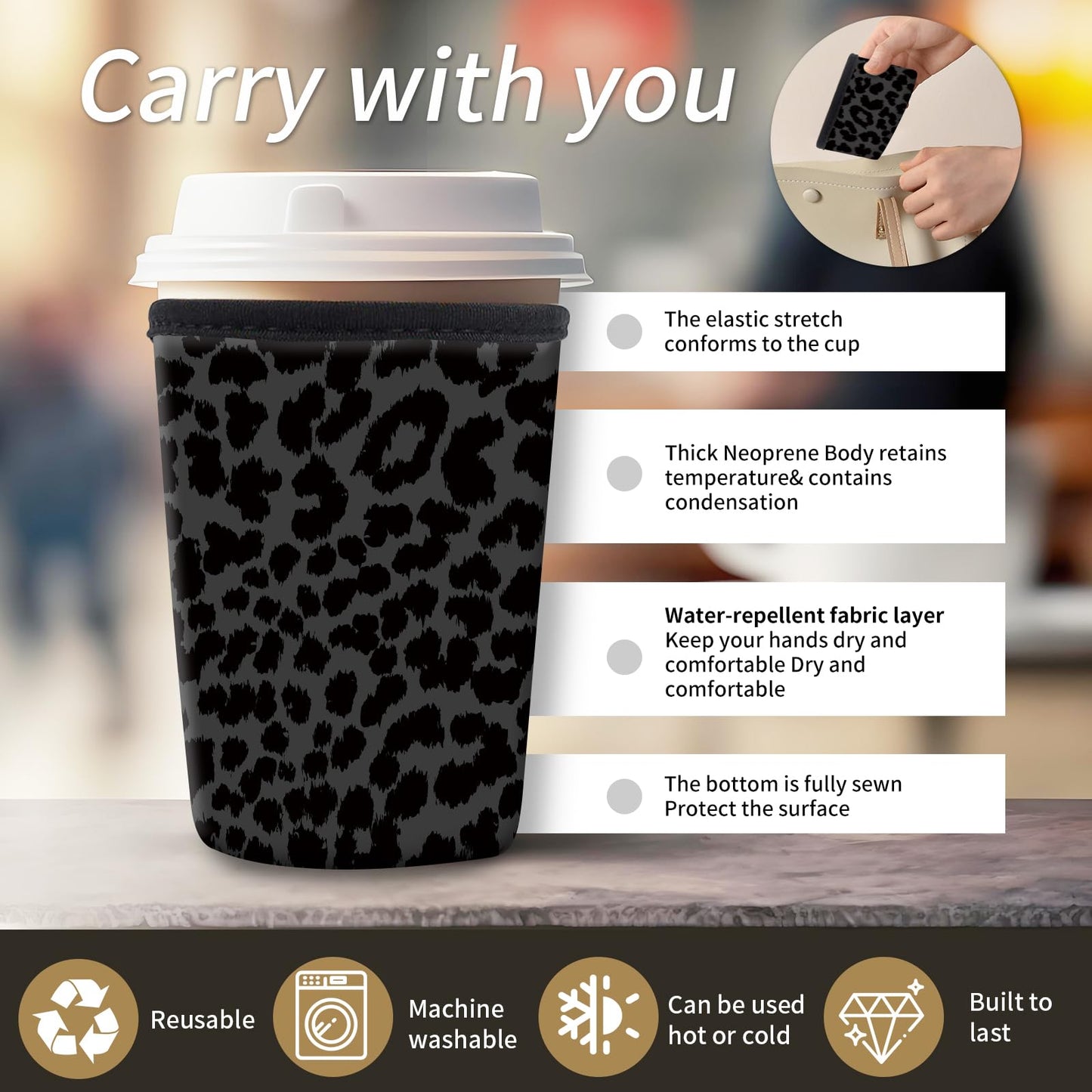 AMZXCFGL 3 Pack Reusable Neoprene Insulator Sleeve for Iced Coffee Cups, Cute Funny Coffee Cup Sleeve, Universal Fit 16-32oz Cups for Hot Cold Beverages Cute Black Leopard