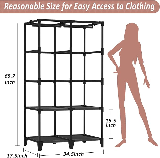 Wardrobe Closet, Quick and Easy Assembly, Gray Portable Closet with 2 Hanging Rods 4 Storage Shelves and Side 8 Pockets, Sturdy and Stable Clothes Rack with Cover, for Bedroom and Dormitory
