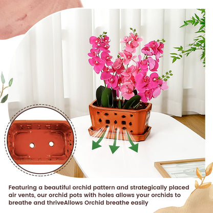 Teenyyou 1 Set Orchid Pot with Holes 9.5 Inch Ceramic Orchid Pot with Saucers for Repotting Amaryllis Flower Planter Include Gardening Shovel Set and Gloves for Home Decor(Terracotta)