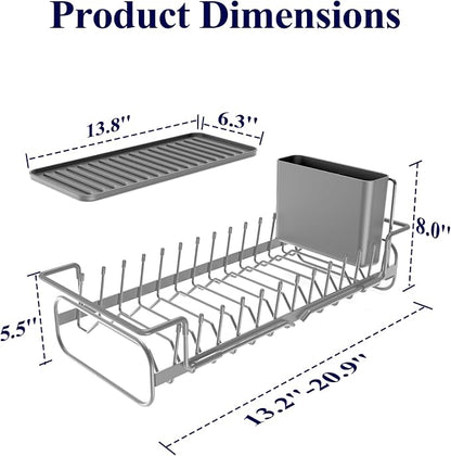 Kitsure Dish Drying Rack - Expandable Dish Rack for Kitchen Counter, Over Sink Or in Sink, Space-Saving Plates Dryer with Cutlery Holder & Drip Tray, 14.0"-20.9" L x 6.3" W x 8.0" H, Grey