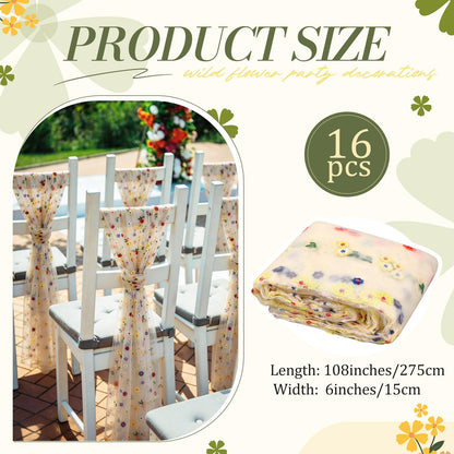 Jecery 16 Pcs Wedding Chair Decorations, Yellow Wildflower Chairs Sashes 6 x 108 Inch, Embroidered Tulle Chair Bows Ribbon Ties for Wedding Chairs Decor, Rustic Decor, Bridal Shower, DIY Craft