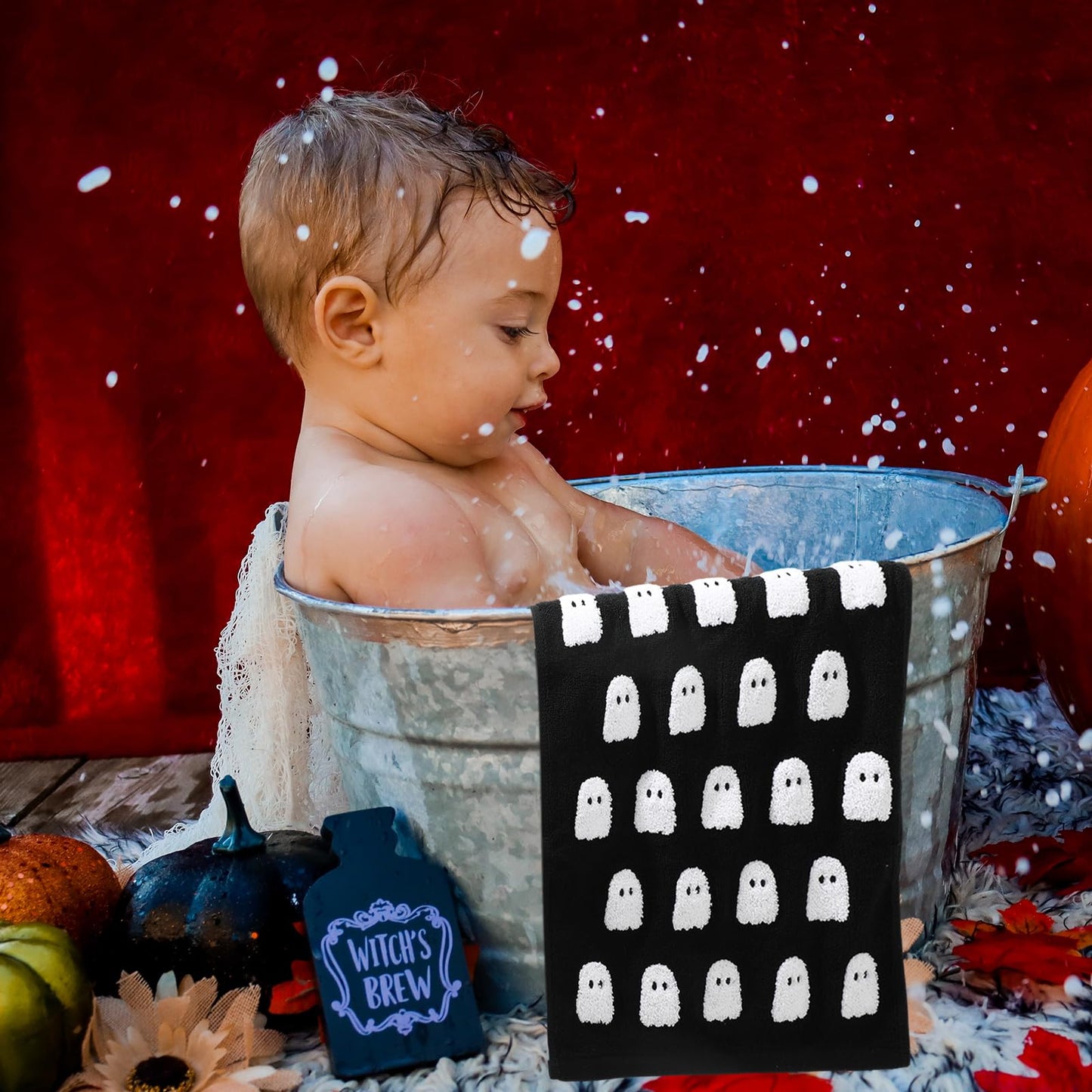 JarThenaAMCS 2 Pack Halloween Hand Towels 3D Black White Ghost Decorative Towel Spooky Boo Cotton Bathroom Towel for Kitchen Drying Cleaning, 29.5 x 13.7 Inch