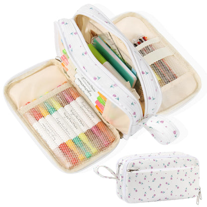 BuyCard Big Capacity Pencil Case, Corduroy Fabric, White with Purple Floral Pattern, Pencil Bag with Zipper Closure, Graduation Gift Office Stationery Storage Pen Pouch