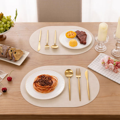 SHACOS Faux Leather Oval Placemats Set of 6 Waterproof Heat Resistant Washable Wipeable Place Mats Solid Table Mats for Kitchen Dining Room Decor, White Oak Beige