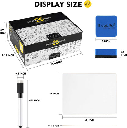 Magicfly Small White Boards, Dry Erase Board Pack of 26, Mini Whiteboards 9x12 Inches Double-Sided White Boards for Students Classroom Teachers School Supplies Office with 32 Pens and 26 Erasers