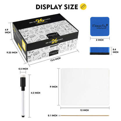 Magicfly Small White Boards, Dry Erase Board Pack of 26, Mini Whiteboards 9x12 Inches Double-Sided White Boards Lapboards for Students Classroom Teachers School Supplies with 32 Pens and 26 Erasers
