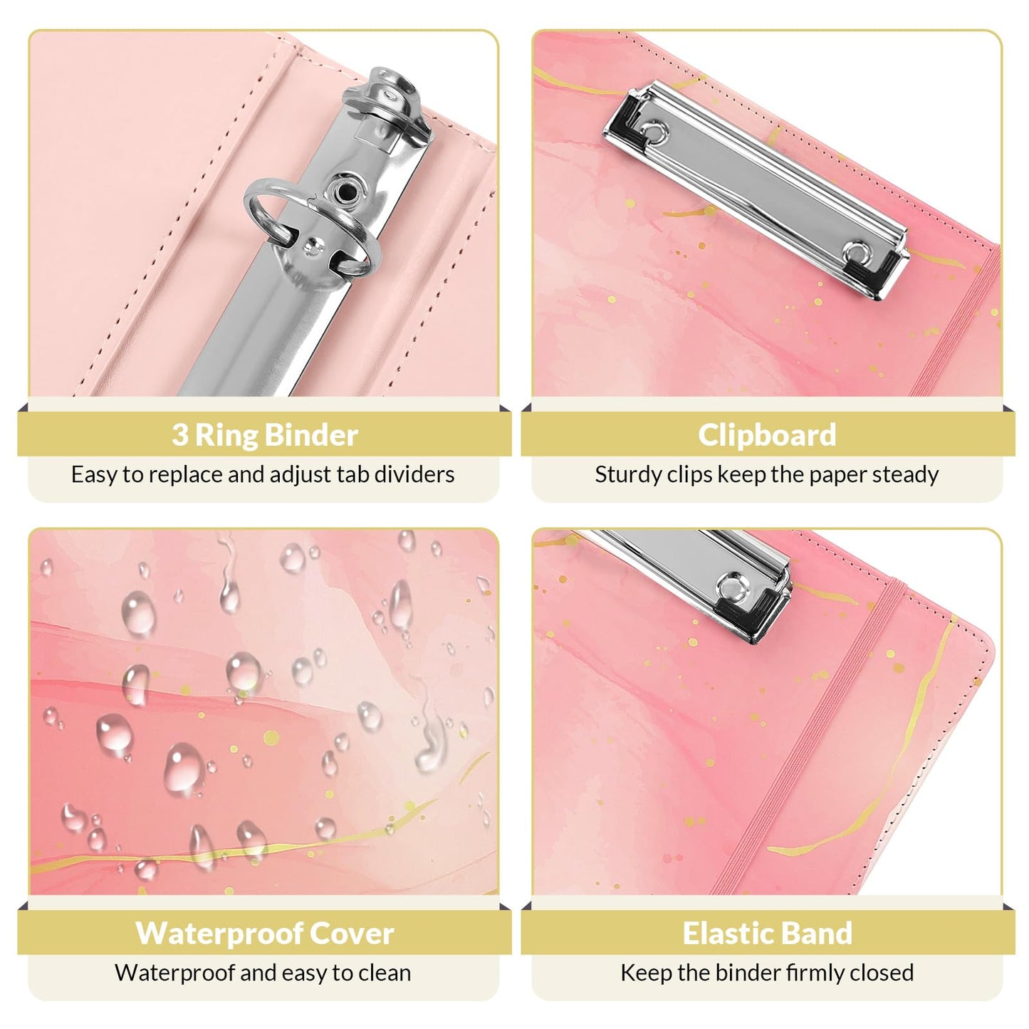 SKYDUE 1 Inch 3-Ring Binder with Clipboard, PU Binder with 5 Dividers, Notepad, Stickers & Pockets for Work and School - Aesthetic Binder (Letter Size)