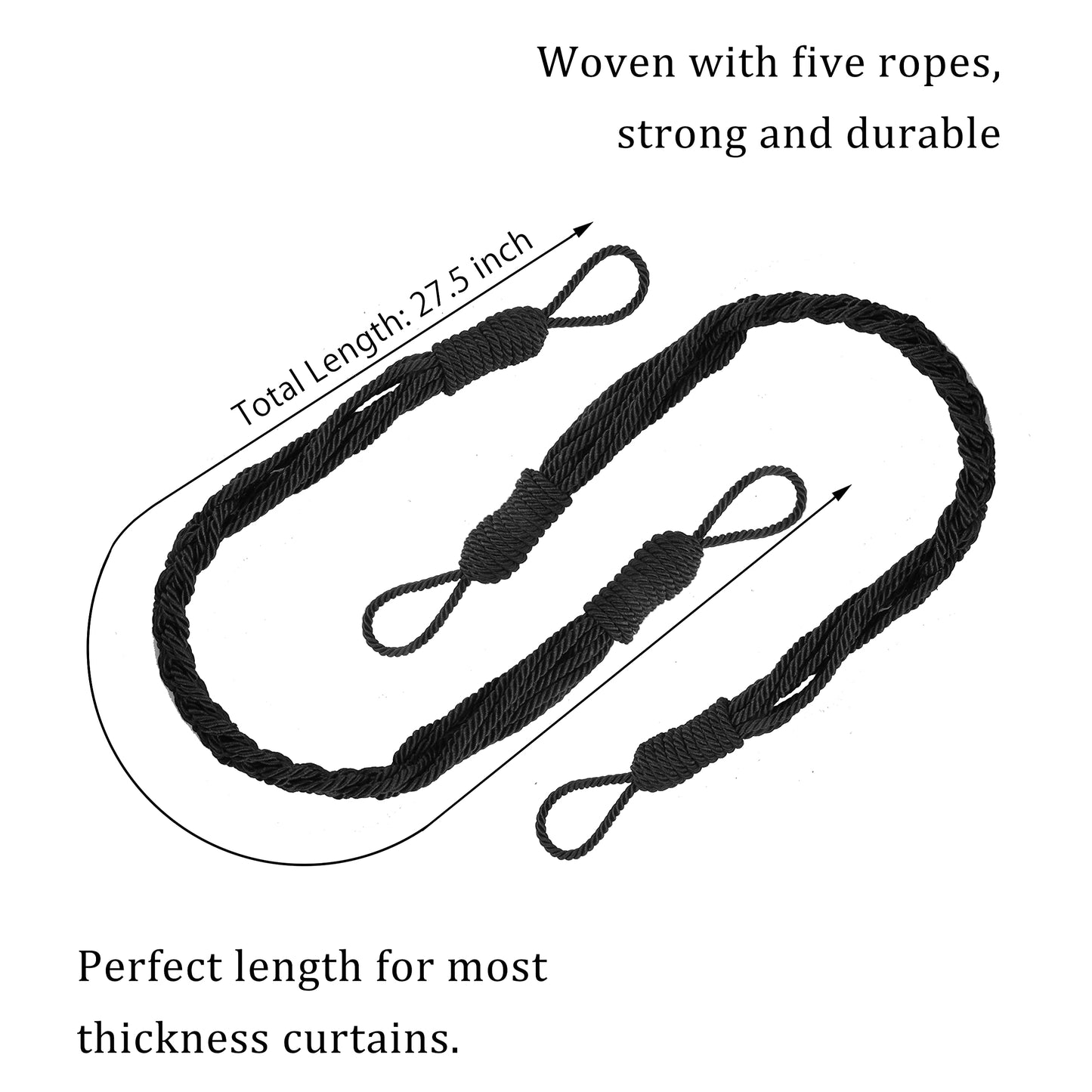 BEL AVENIR Curtain Tiebacks Ropes Hand-Woven Weave Braid Ties Handmade Home Office Decorative Holdbacks with 2 Metal Screw Hooks (Black)
