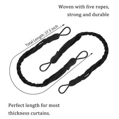 BEL AVENIR Curtain Tiebacks Ropes Hand-Woven Weave Braid Ties Handmade Home Office Decorative Holdbacks with 2 Metal Screw Hooks (Black)