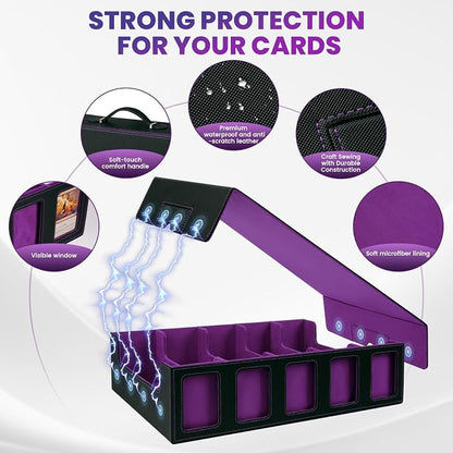 Trading Card Storage Box with Handle,5-Row Portable Leather Game Case for 4000+ Cards,Purple Card Collection Box with Commander Display Window for MTG,Yugioh, and Sports Cards,Gifts for Card Collector