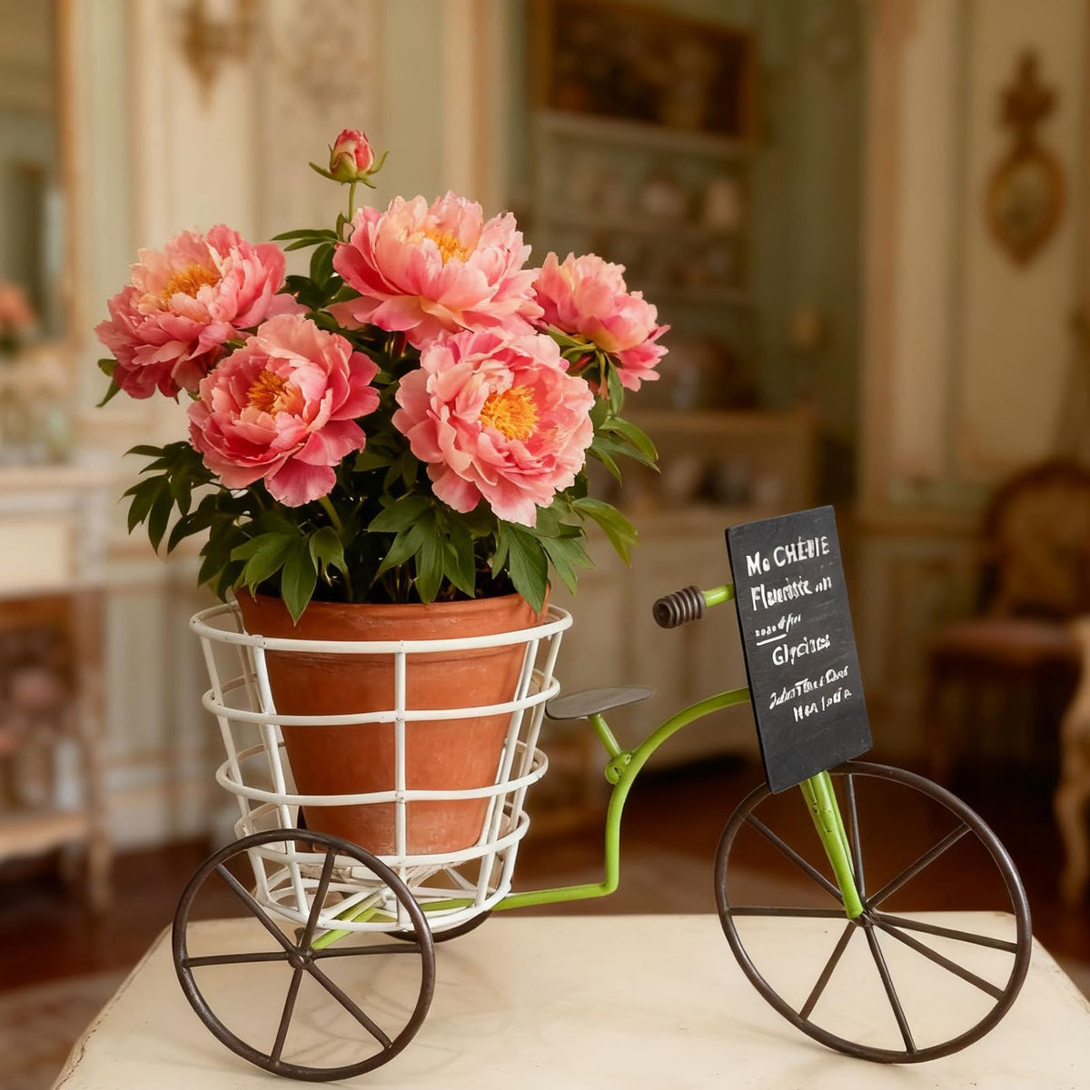 EINCORN Beautiful Iron Tricycle Flower Pots Holder Container with Deeping Basket for Living Room Indoor Outdoor Garden Decoration Beautiful Iron Tricycle Flower Pots Holder Container