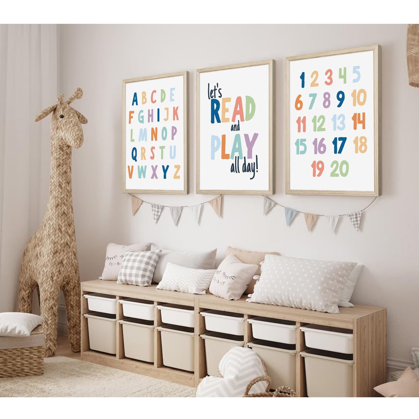 Kids Playroom Wall Art Decor Alphabet Poster Play Room Canvas Wall Decor ABC Nursery Wall Art 123 Toddler Poster Let's Read for Boy Girl Room 12x16 Inch Wood Framed Set of 3
