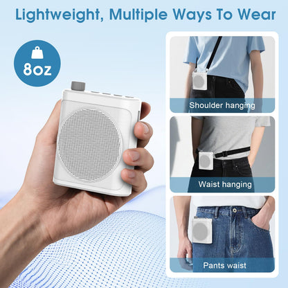 15W Wireless Voice Amplifier with 2 Magnetic Lavalier Mics & Noise Reduction - Bluetooth 5.3 PA System for Teachers, Tour Guide, Yoga - 15H Rechargeable Battery, Waist-Mount Design (White)