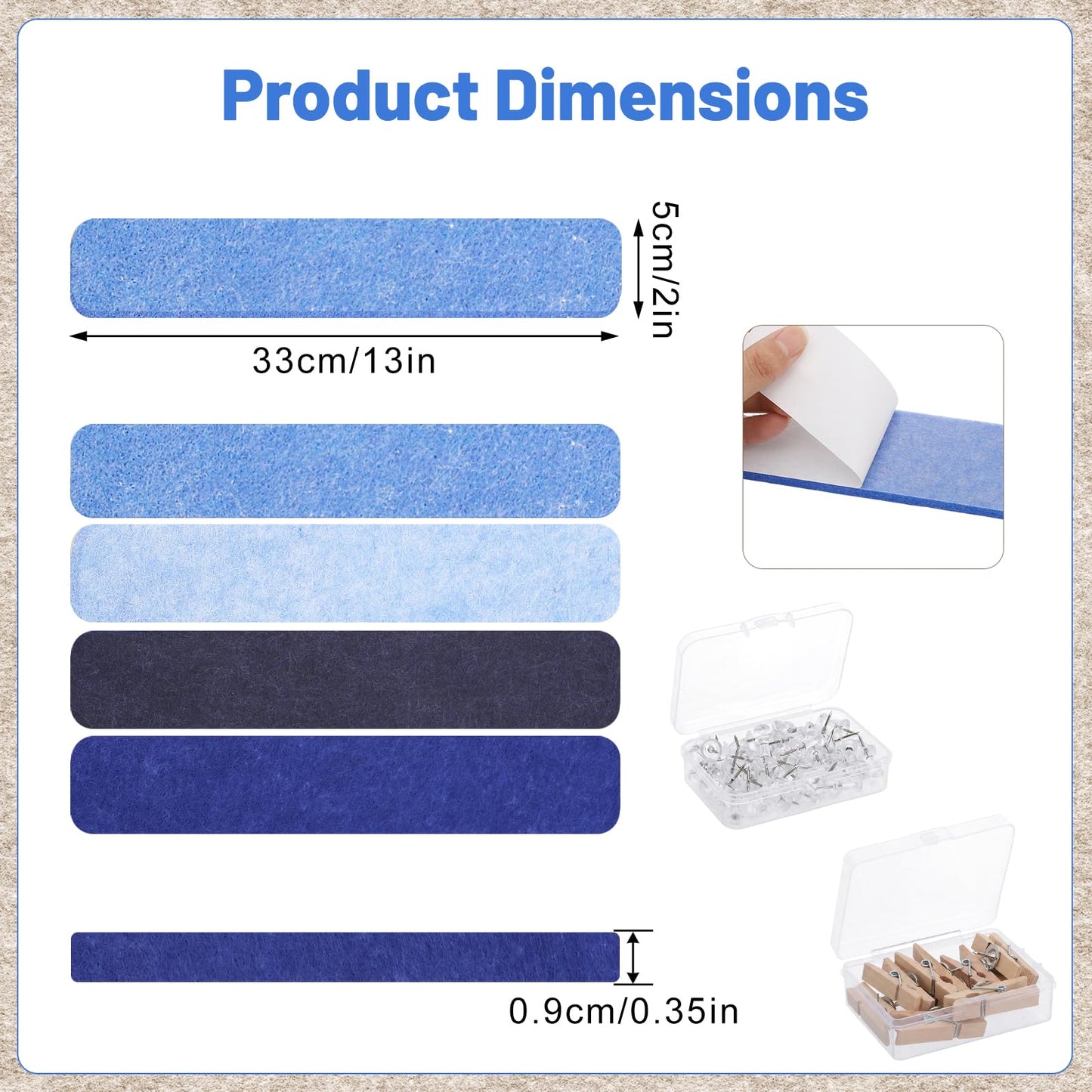 Thboxes 8 Pack Felt Bulletin Board Strips, 13x2 Inch Self Adhesive Felt Pin Boards with 50 Pushpins and 10 Wooden Clips Push Pins, Cork Board for Walls Home Office Decor(Serene Blue Mist)