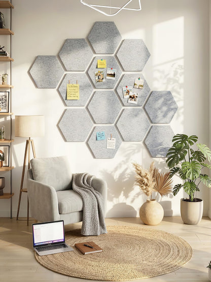 Uoisaiko 8 Pack Hexagon Felt Bulletin Board Tiles - 12" Large Thick Pin Board for Walls with 30 Push Pins, DIY Boards for Office Home School Decor, Aesthetic Hex Cork Board Alternative