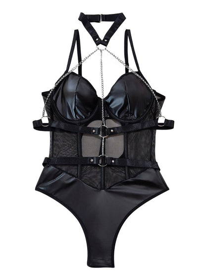 Lilosy Sexy Crisscross Choker Leather Pu Underwire Babydoll Women Harness Teddy Bodysuit Nightshirt One Piece Push Up Mesh Sheer Nightgown Chain Black Large