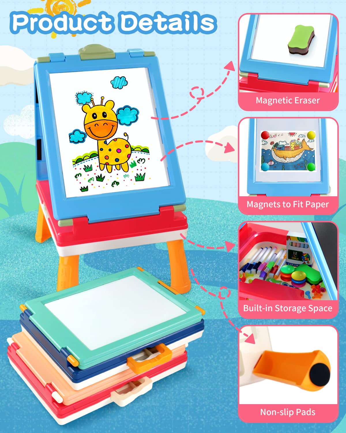 Elovien Easel for Kids, 4 in 1 Double Sided Toddler Art Easel with Chalkboard & Magnetic Whiteboard, Foldable Kids Tabletop Easel with Drawing & Writing Accessories - Gift for Boys and Girls (Blue)