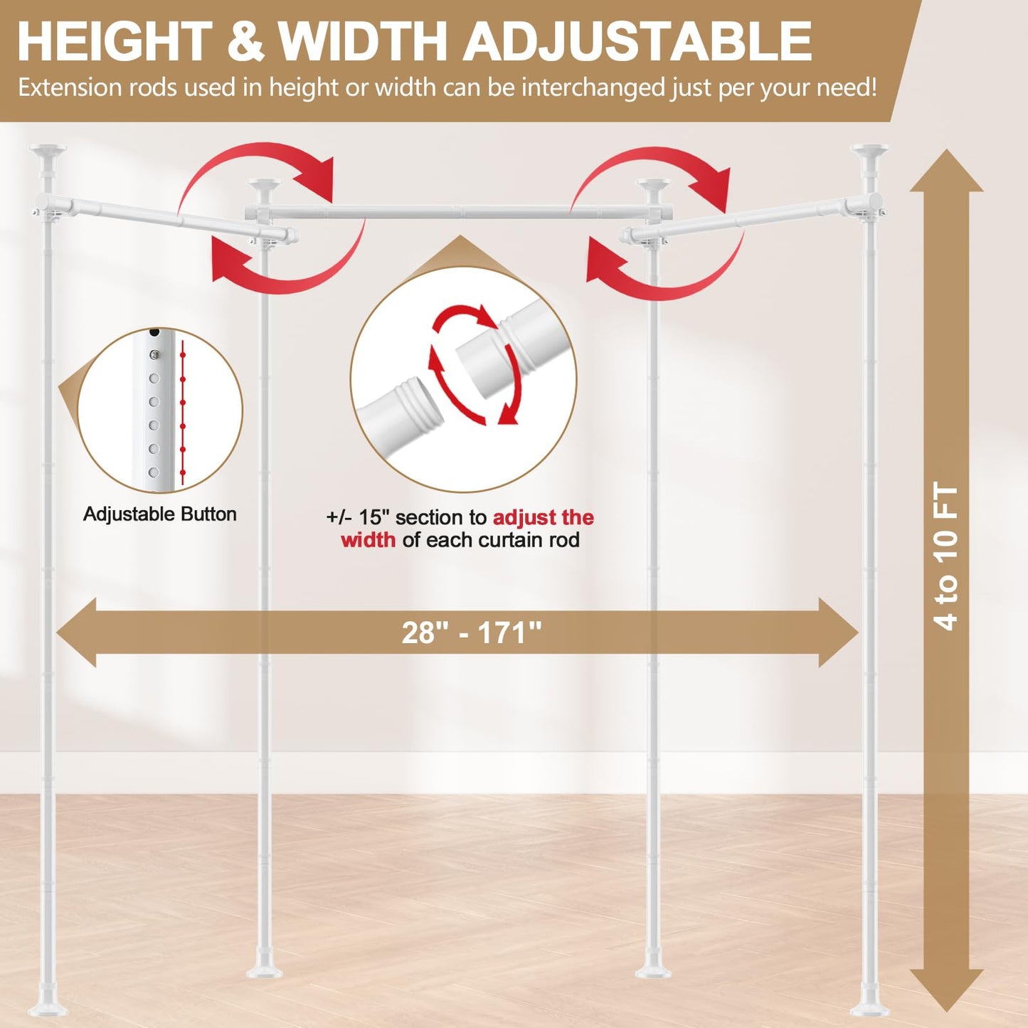 Room Divider Curtain Rod - 4-10ft(H) 28-171inch(W) Adjustable No Drilling Curtain Divider for Room Separation,Heavy Duty Floor to Ceiling Curtain Stand,Wall Divider for Space Separator Partition,White