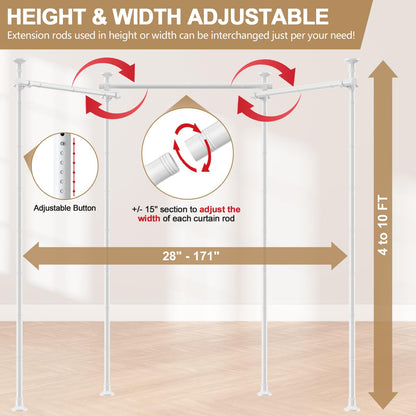 Room Divider Curtain Rod - 4-10ft(H) 28-171inch(W) Adjustable No Drilling Curtain Divider for Room Separation,Heavy Duty Floor to Ceiling Curtain Stand,Wall Divider for Space Separator Partition,White