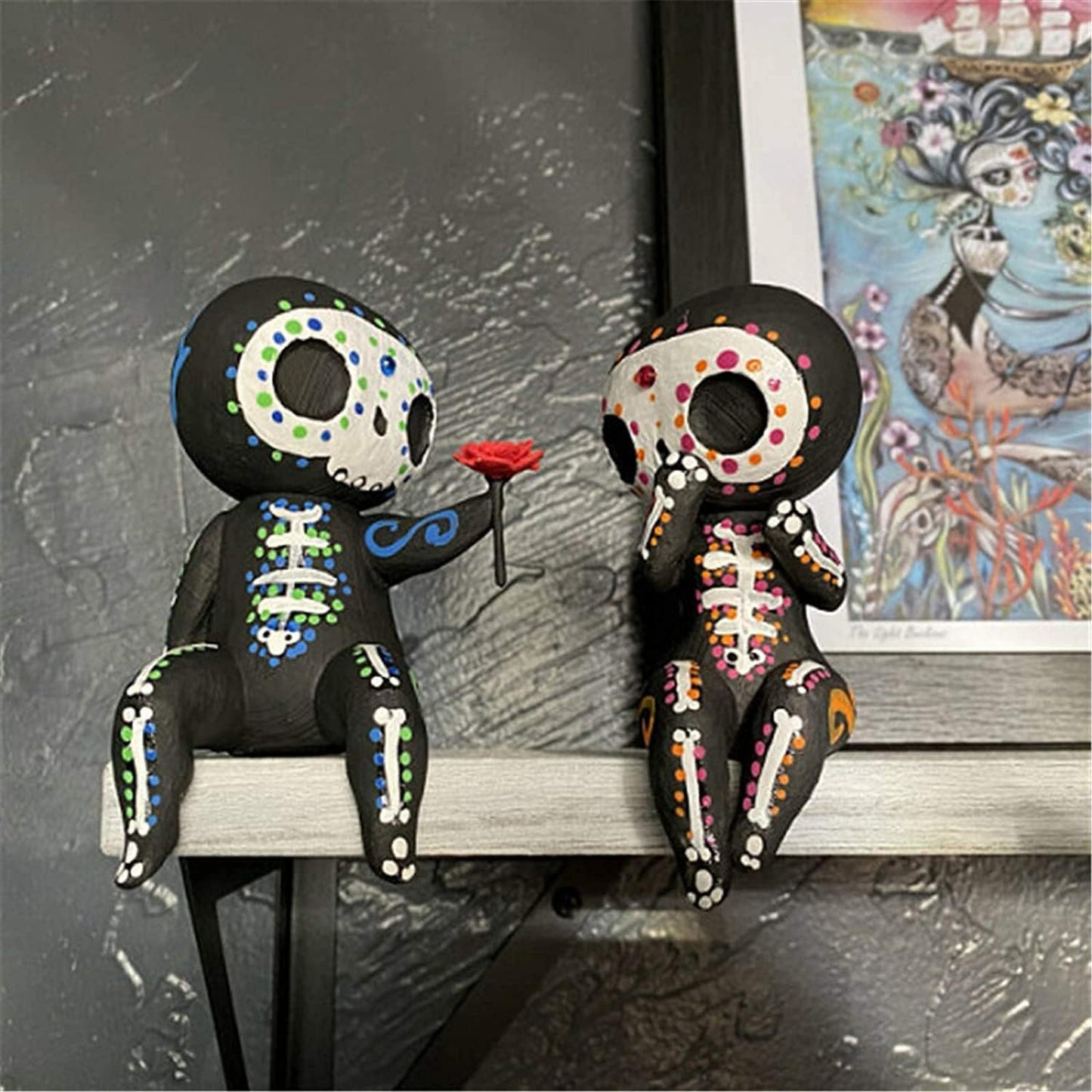 YOWOY Sugar Skull Couple Statue, Sugar Skull Figurine,Resin Crafts Sugar Skull Decor,Skull Head Skeleton Figurine Statue Display Hand Crafts,Home Decor Collectible Figurines (Couple)