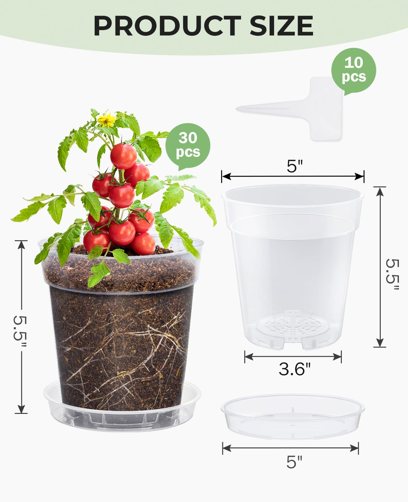 homenote 5 Inch Clear Nursery Pots 30 Pack with Drainage and Plant Saucers, Rigid High Transparency Plastic Nursery Pots for Plants,Thick Walled Planter Nursery Pots with Upgraded Drainage Holes