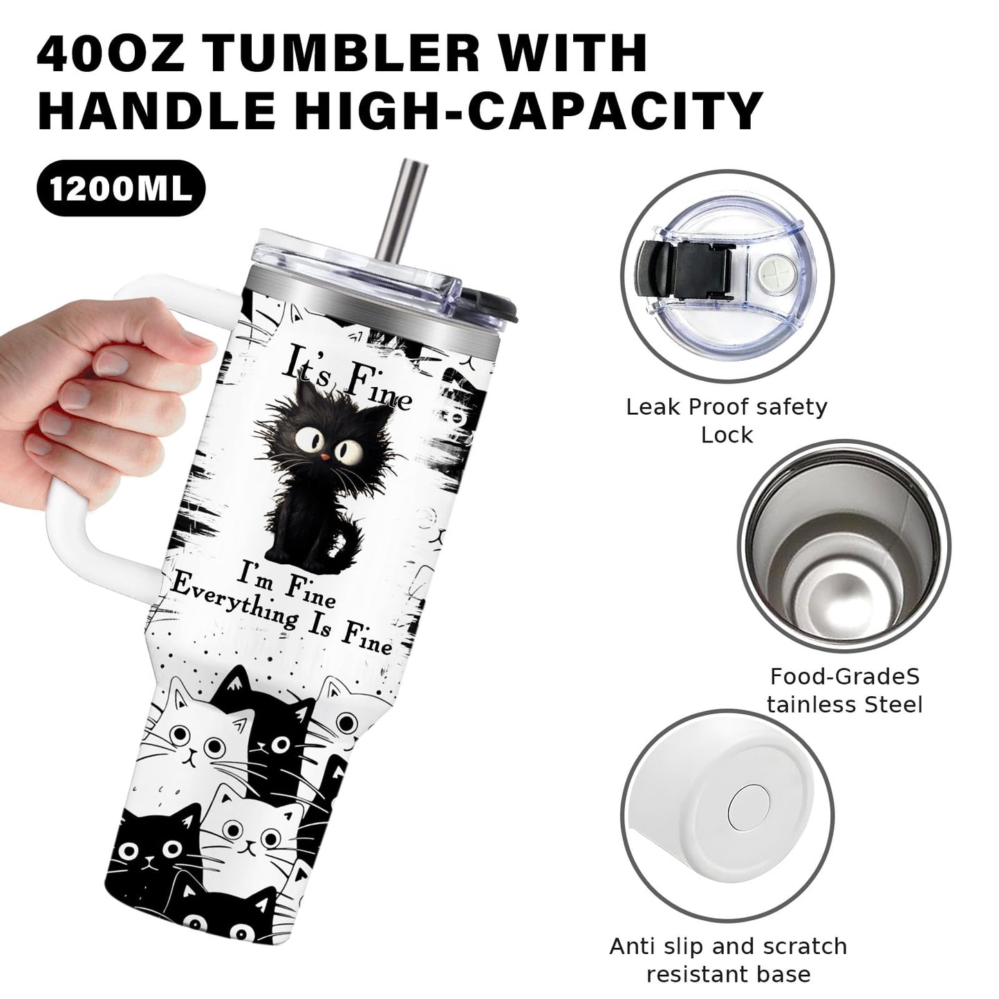 CGMIBAS Cat Lover Gifts, Gift for Cats Lovers Women Men Girls Funny 40oz Black Cats Themed Tumbler Cups with Handle - Everything Is Fine Mug, Christmas Birthday Gift for Black Cat Mom Lady Gifts Cup