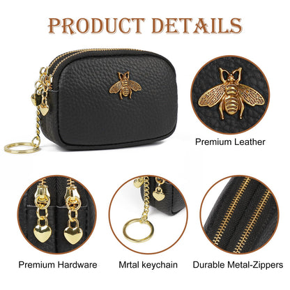 imeetu Women Leather Coin Purse, Small 2 Zippered Change Pouch Wallet(Copper Bee, Black)