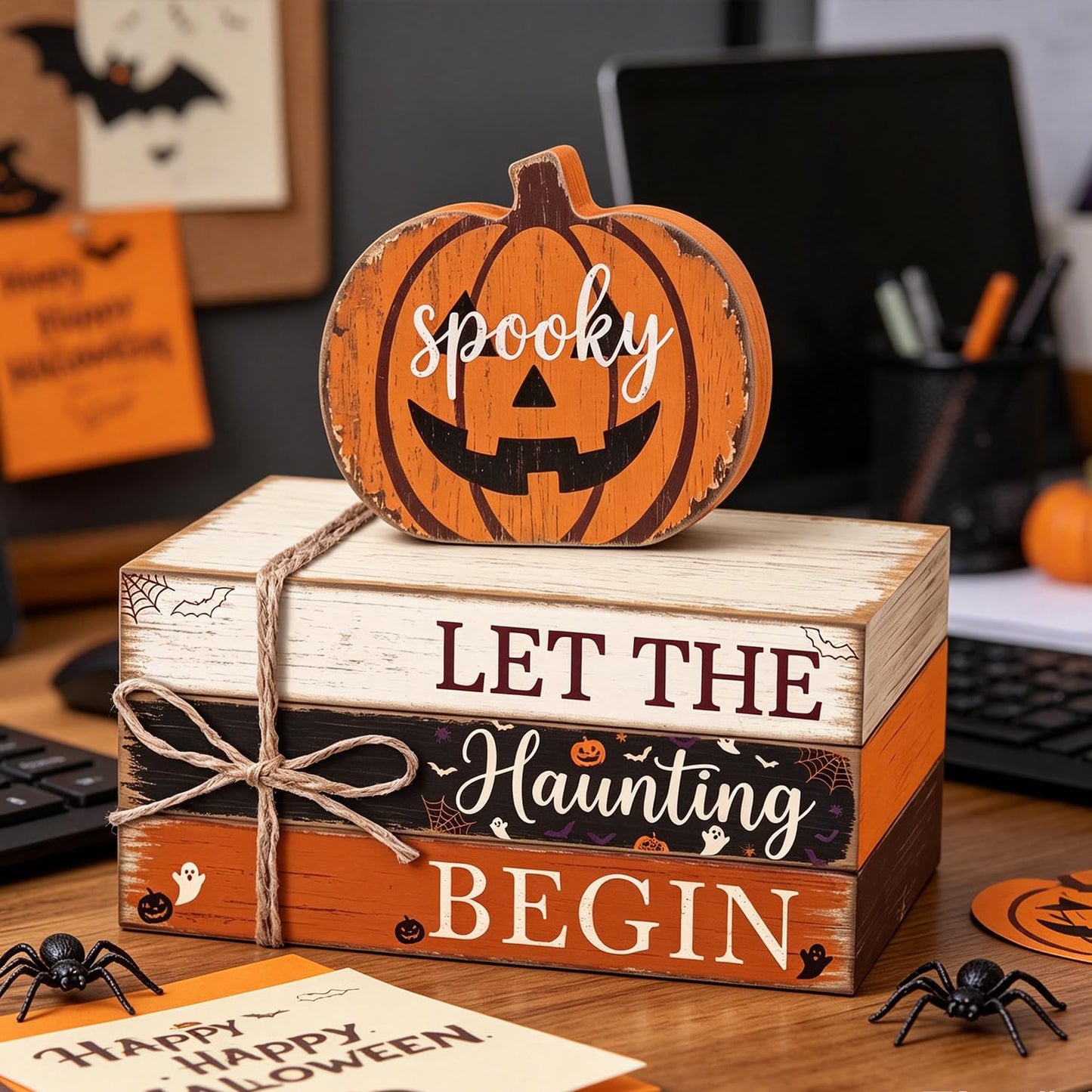 4 Pcs Halloween Tiered Tray Decor Farmhouse Wooden Book Stack with Gnome Spooky Halloween Tabletop Signs Fall Rustic Tiered Tray Decorations for Home Office Shelf Coffee Bar