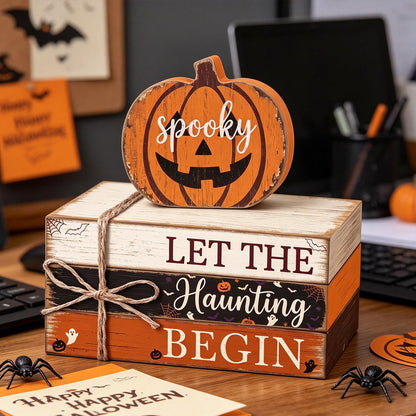 4 Pcs Halloween Tiered Tray Decor Farmhouse Wooden Book Stack with Gnome Spooky Halloween Tabletop Signs Fall Rustic Tiered Tray Decorations for Home Office Shelf Coffee Bar
