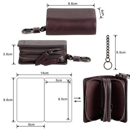 VISOUL Car Key Case Holder Double Zipper, Leather Car Smart Key Fob Case with Keychain for Men and Women-Coffee