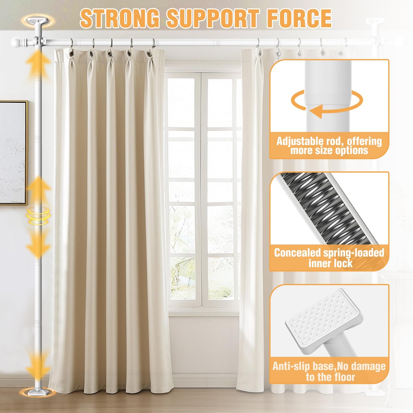 AKTOP Room Divider Curtain Rod, No Drilling Privacy Room Separator for Space Partition, 4-11ft(H) 28-117”(W) Adjustable Heavy Duty Floor to Ceiling Wall Divider Tension Rod for Room Separation, White