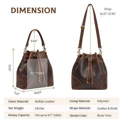 S-ZONE Genuine Leather Bucket Bags for Women Drawstring Crossbody Purses Shoulder Top Handle Handbags with 2 Straps