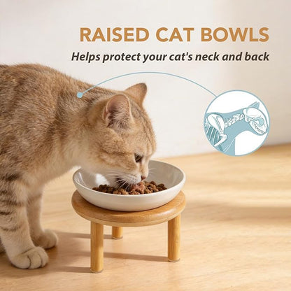 Havniva Elevated Cat Bowls Raised Ceramic Cat Bowl, 5.7” Wide Opening Cat Food Bowl Whisker Friendly Cat Dish Anti-Slip with Bamboo Stand, Shallow Pet Food & Water Bowl for Indoor Cats