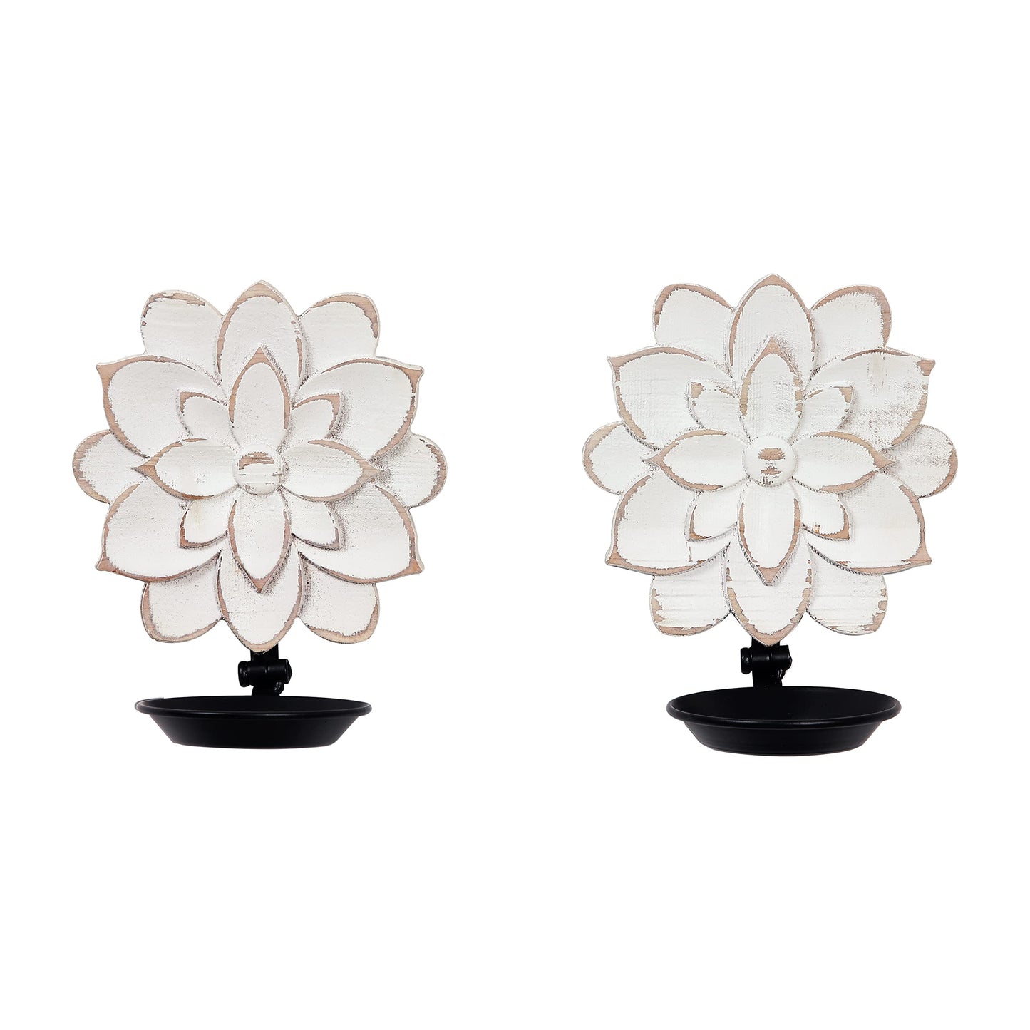 Farmhouse Candle Sconces Set of Two, Handcarved Wall Candle Holders Decorative, Flower Pattern, Distressed Finish Rustic Candle Holder Wall Decor for Living Room, Hallway