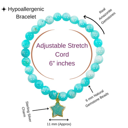 Amazonite Bracelet Birthday Favors for Kids, Toddler Bracelet with Certified 925 Sterling Silver 18K Gold Vermeil Amazonite Crystal Star Charm