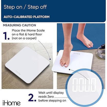 iHome Digital Scale, Bathroom Scale, Batteries Included, Scale Body Weight, Weight Scale, Digital Scale, Bathroom Scales for Weight, Digital Scales for Body Weight (White)