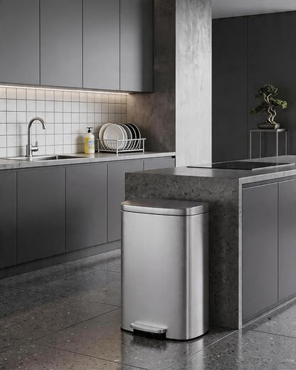 Garvee 13 Gal / 50 L Step-On Trash Can, Stainless Steel Kitchen Garbage Can with Soft Close Lid, Removable Inner Bucket & Rear Handle for Easy Transport