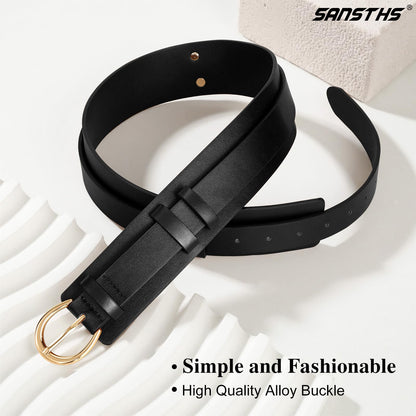 SANSTHS Belt for Women 2-in-1 Waistband for Dress Coats Pants, Women Wide Leather Belt with Fashion Buckle, Black M