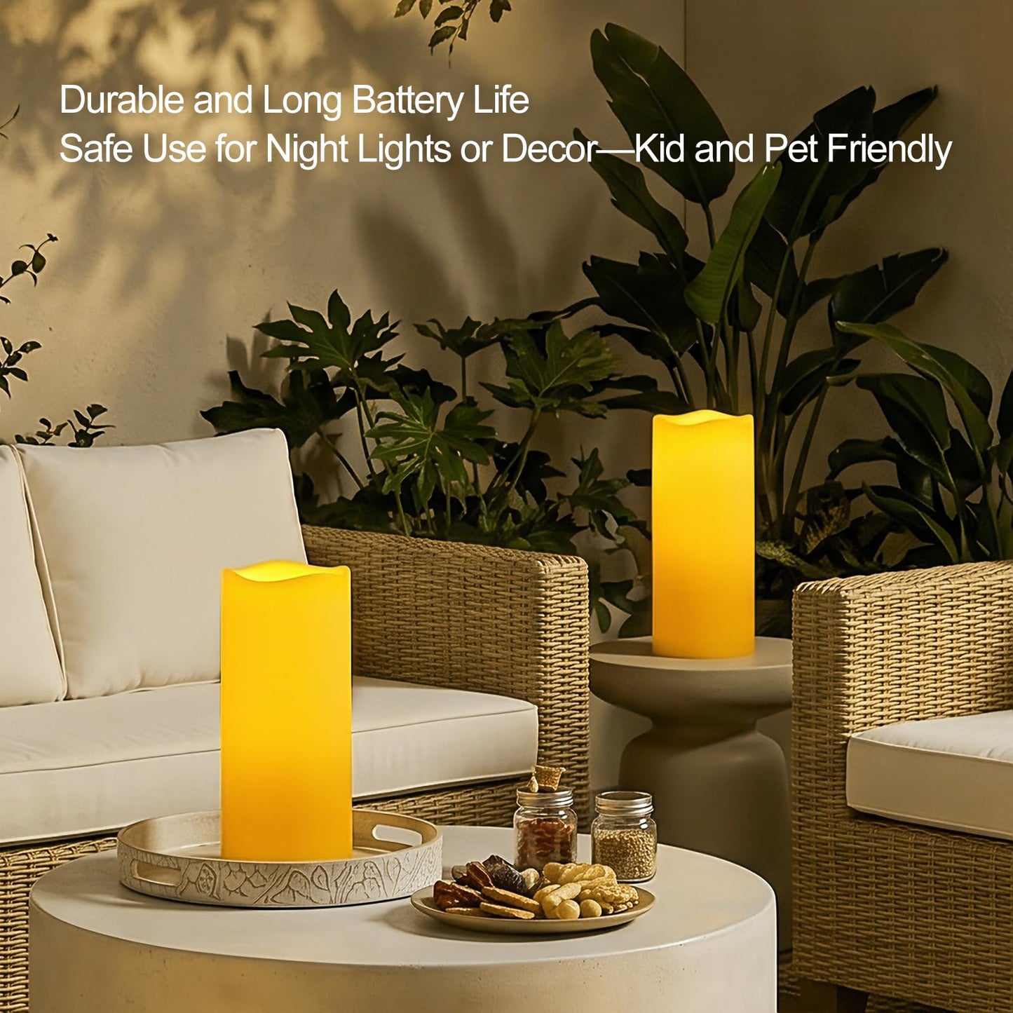 Amagic 2 Pack 5"x12" Outdoor Plastic Electric flameless Candles with Remote Control and Timer, Battery Operated Flickering LED Pillar Fake Candle for Home, Wedding Decor, Ivory