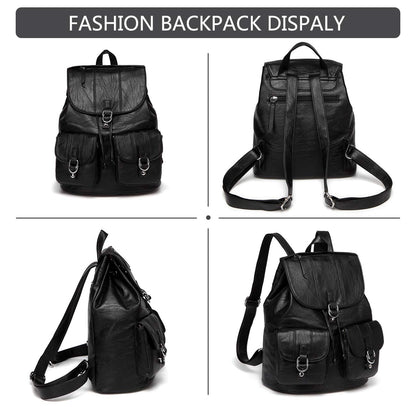 VASCHY Mini Backpack Purse for Women, Fashion Faux Leather Buckle Flap Drawstring Backpack for College with Two Front Pockets Black