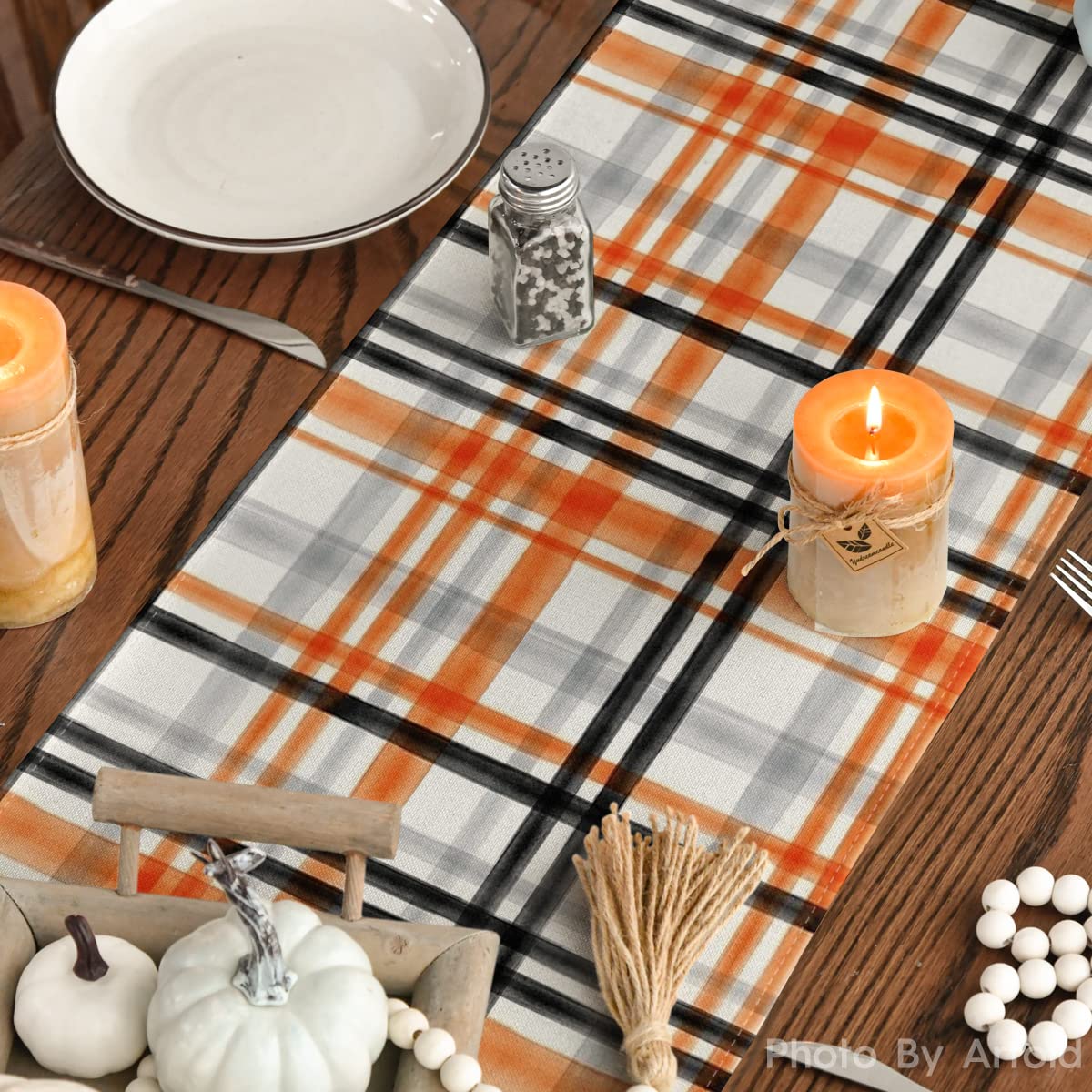 Artoid Mode Orange Black Buffalo Plaid Fall Table Runner, Halloween Kitchen Dining Table Decoration for Outdoor Home Party 13x120 Inch