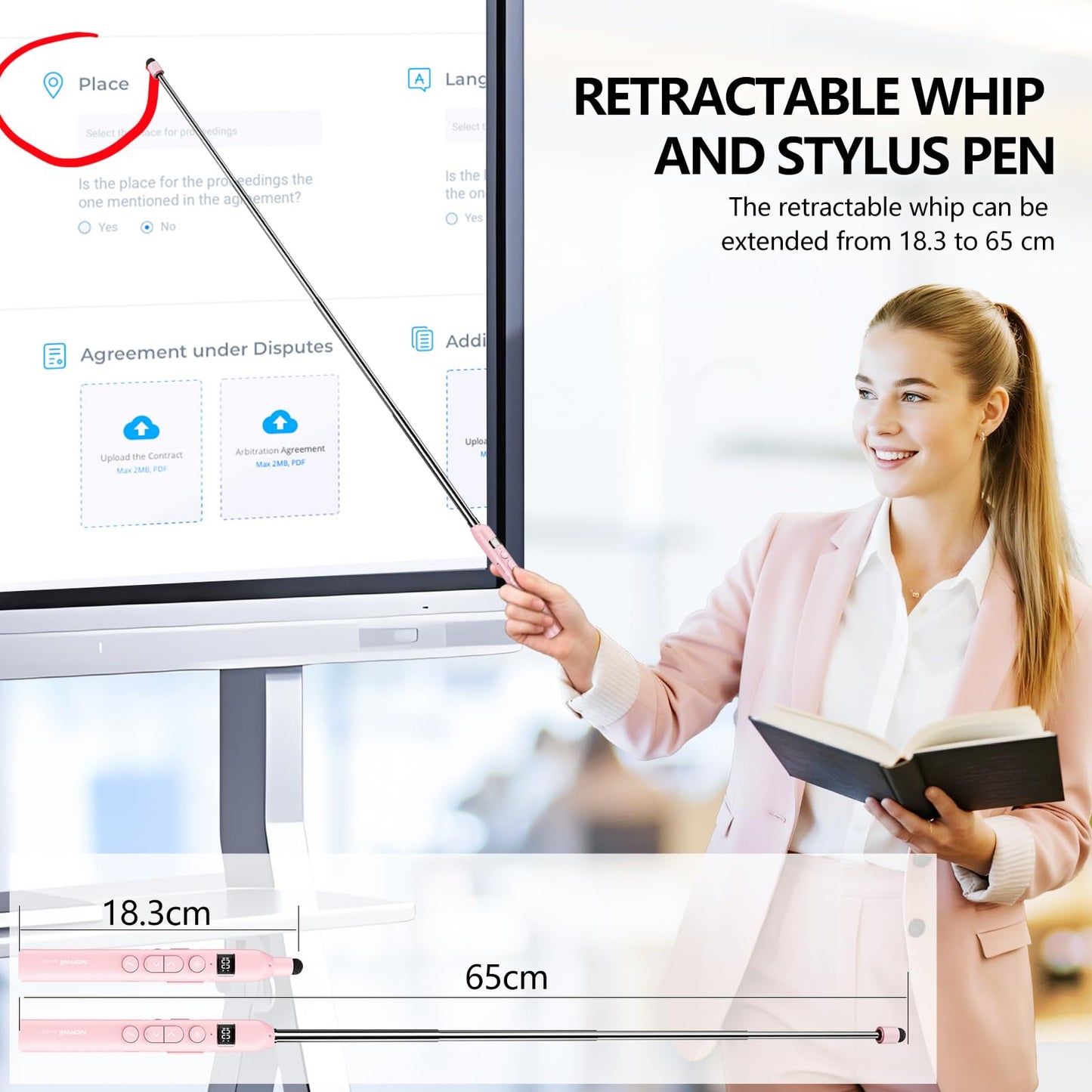Norwii N21 Bluetooth Presentation Clicker with Telescopic Teaching Pointer, Presentation Remote with Retractable Stick for PowerPiont, Wireless Presenter, Slide Advancer - Pink