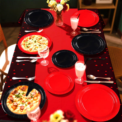 98 Pcs Red and Black Party Supplies Graduation Black and Red Paper Plates Napkins Forks Tablecloths Stranger Tableware Set for Congrats Grad Fiesta Holiday Birthday Wedding Party Decorations Serves 24
