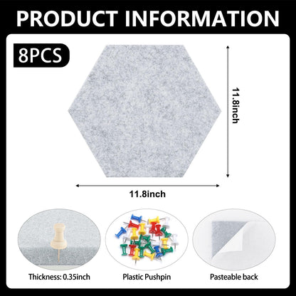 8 Packs Light Grey Hexagon Felt Pin Board, 12" Bulletin Board with 30 Push Pins, Felt Board for Home Kitchen Office Decor, Self-Adhesive Corkboard Tiles for Walls Message Photos Memos Display