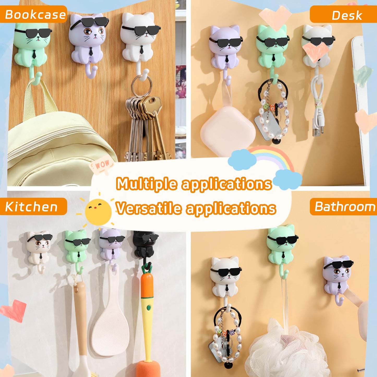 SHBLOMK Adhesive Coat Hooks Key Holder, Creative Adhesive Cute Cat Key Hook, Home Storage Utility Wall Decorations for Hanging Hat, Key, Towel, Scarf, Bags, Punch Free (Black+White)